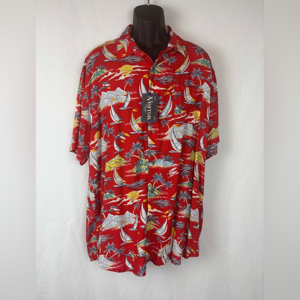 Visitor Premium Men's Tropical Button Down Short Sleeve Shirt RED Size XXL